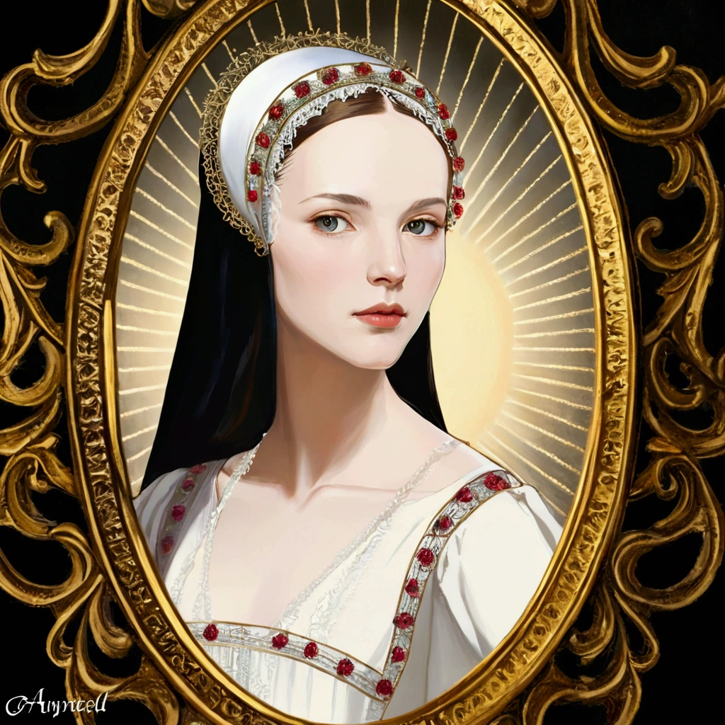 arafed picture of a woman in a white dress and a gold frame, renaissance digital painting, in the art style of bowater, digital art of an elegant, masterpiece! portrait of arwen, inspired by Hans Holbein the Elder, inspired by Hans Holbein the Younger, baroque digital painting, inspired by Ambrosius Holbein, portrait of princess