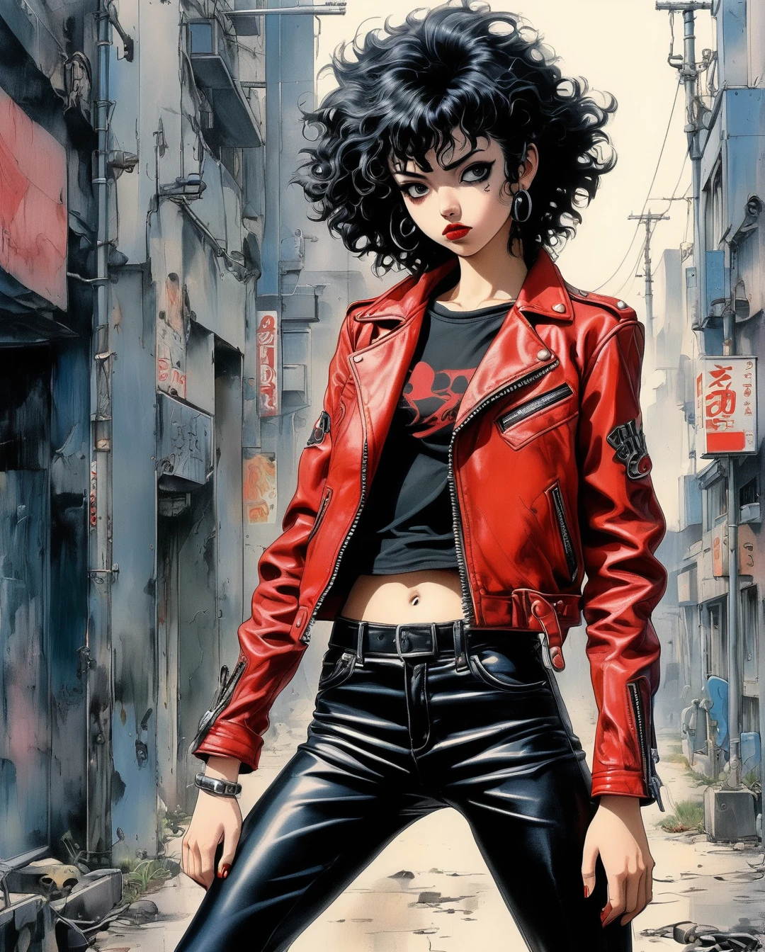 Art Style by Yoshiyuki Tomino, Flat-colored still of a photo of a a full-body, high-resolution anime style of a rebellious teenage female punk rocker with short curly black hair, thin face, intense red lips, leather jacket, and tight leather pants, inspired by the works of Yoshiaki Kawajiri, vibrant and edgy, with dramatic lighting and dynamic composition.,... anime girl from a 80s Anime portrayed by hajime sorayama, looking away from the viewer, solemn expression