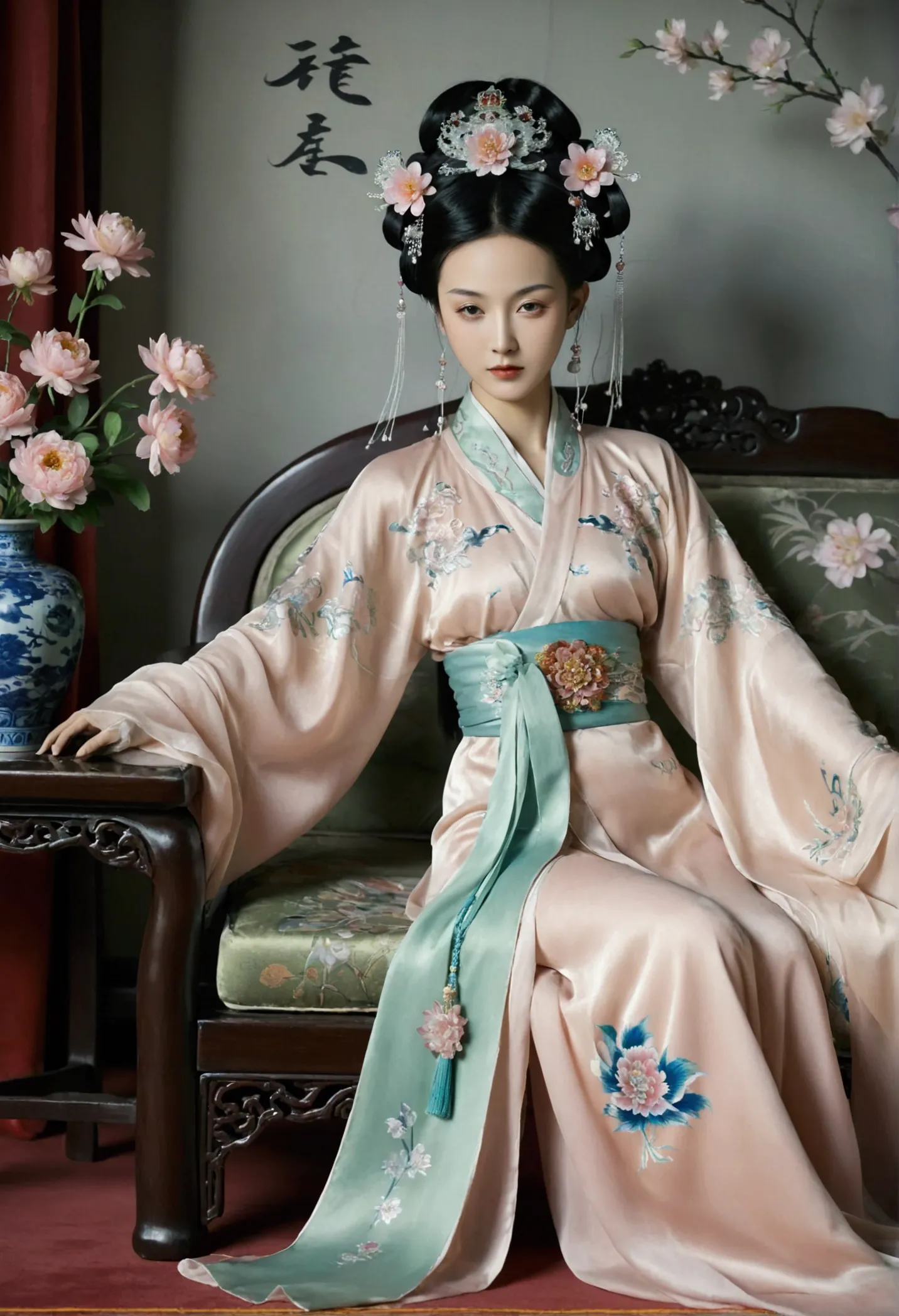 a nude empress from the qing dynasty. she sits on a sofa with her legs spread, her hair is tied up in two ponytails, she is wear...