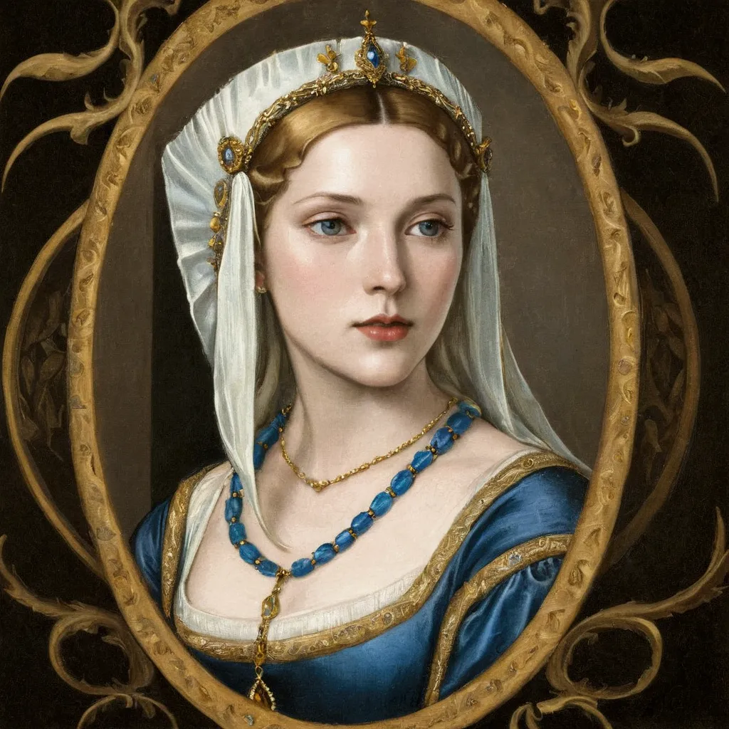 arafed picture of a blonde woman with a white headdress and a blue and gold necklace, renaissance digital painting, in the art s...