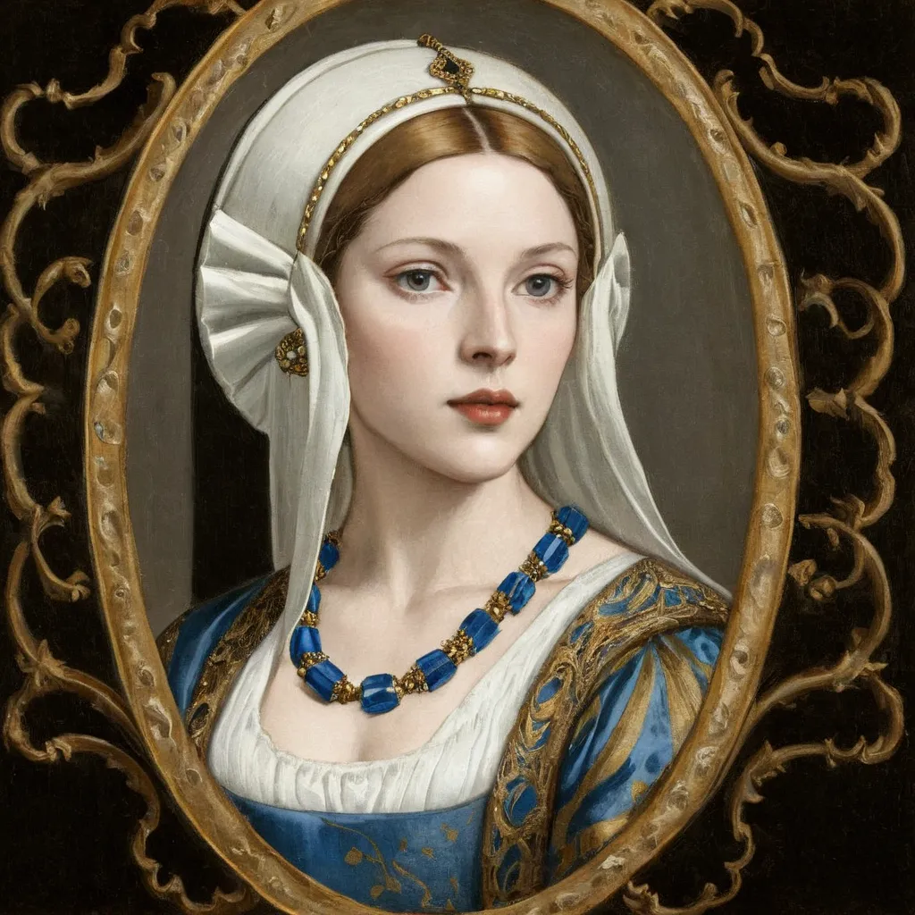 arafed picture of a blonde woman with a white headdress and a blue and gold necklace, renaissance digital painting, in the art s...