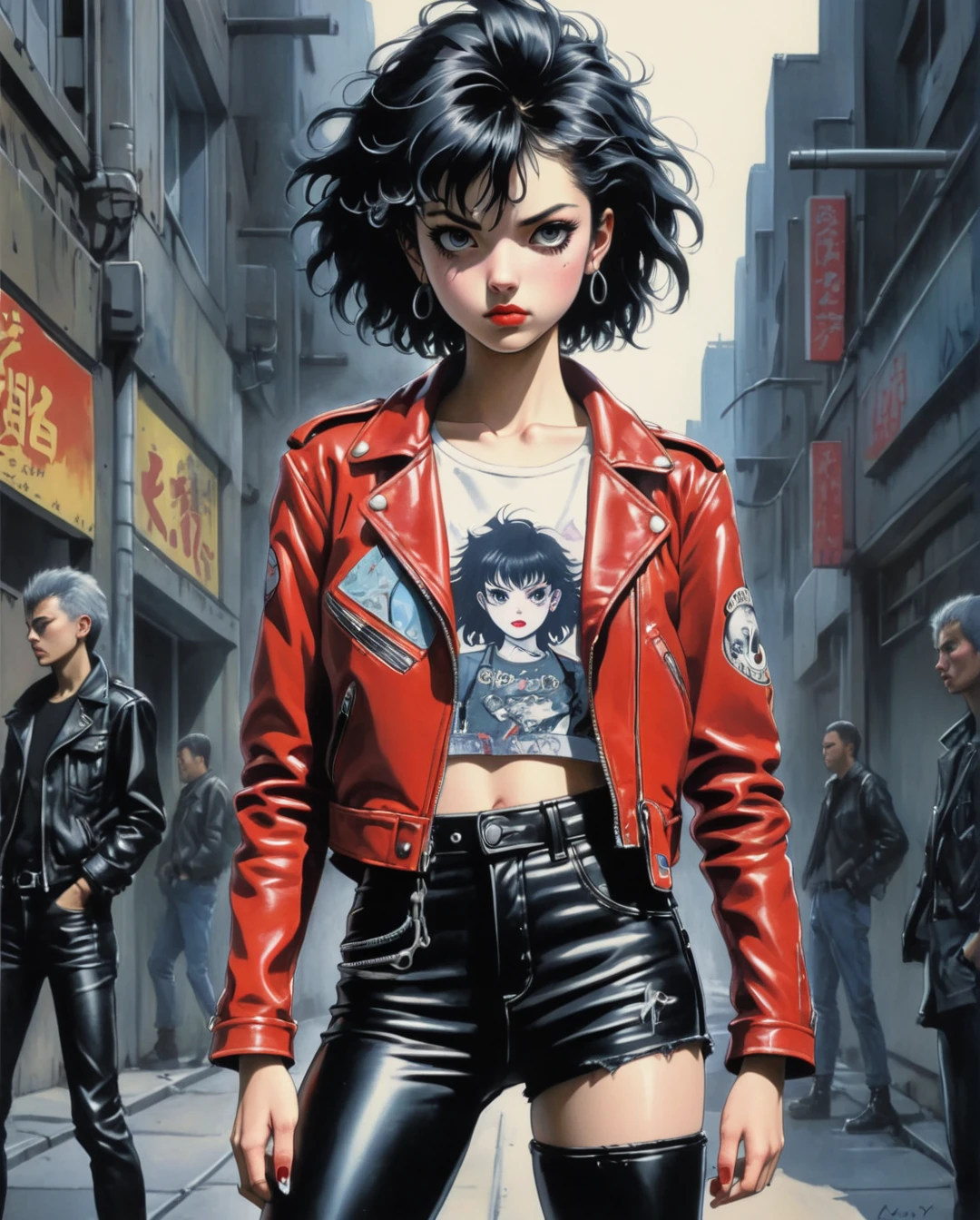 Art Style by Yoshiyuki Tomino, Flat-colored still of a photo of a a full-body, high-resolution anime style of a rebellious teenage female punk rocker with short curly black hair, thin face, intense red lips, leather jacket, and tight leather pants, inspired by the works of Yoshiaki Kawajiri, vibrant and edgy, with dramatic lighting and dynamic composition.,... anime girl from a 80s Anime portrayed by hajime sorayama, looking away from the viewer, solemn expression