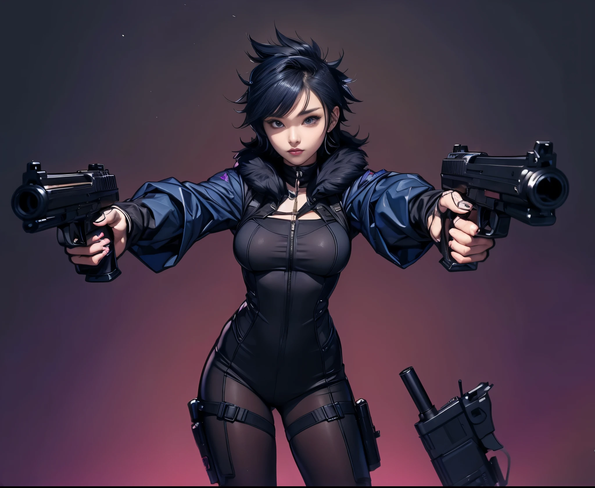 elaizaikedareal、A young woman with a bold look and hairstyle、I have a gun in my hand。She holds the gun with confidence、Because I&#39;m ready to compete、The chest is prominent。