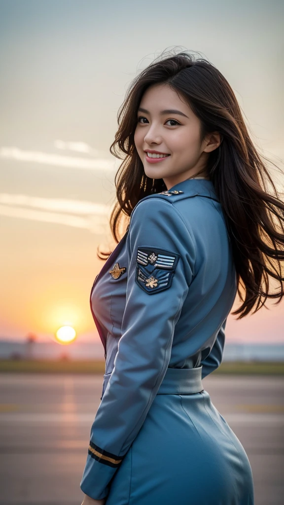 (highest quality, 8K, 32k, masterpiece, uhd:1.2), (realistic:1.5), (masterpiece, Highly detailed CG Unity 8K wallpaper, highest quality, High resolution:1.2), (Super detailed, uhd:1.2), Photo of extremely cute and beautiful Japanese woman, (Long wavy chestnut hair:1.2), adult, (detailed beautiful girl:1.4), highest quality, woman, adult, (Detailed US Air Force Pilot Uniform:1.5), (High waist pencil micro skirt:1.0), (Beautiful sunset us air force base runway view background:1.2), （mig 29、F-22、air force plane）laugh shyly:1, looking at the sky, towards the audience, ((Perfect woman&#sexy body)), (tight waist:1.40), (Image of the whole body), thin, abs, beautiful body, big ass and big breast, (big breasts:3.25)(big ass 3.55),assemble the head, wind, dynamic pose, cinematic light, Backlight, fine clothes, perfect anatomy, perfect proportions, detailed human body, Stylish model in sexy bent over One of her hands was holding her hair, pose,nude nsfw,soft expression、smile、Sexy slit thighs and beautiful legs、A sneak peek of abs、A glimpse of her no underwear , underwear is on,