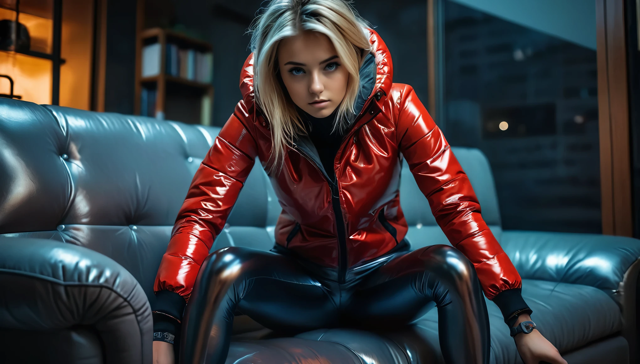 8k, high resolution, masterpiece, ultra-detailed, full body shot, ((cute barely legal girl in red latex tube shirt, and leggings, (grey shiny puffer jacket , wide neckline, deep neckline), random color)), (small perky breasts, small hips, detailed face, seductive expression, straight long blonde hair, pale skin, some tattoos), (((in a luxurious apartment, random pose next to a couch))), moody atmosphere, random dramatic and neon colors, intricate details, at night, backlit, full body shot