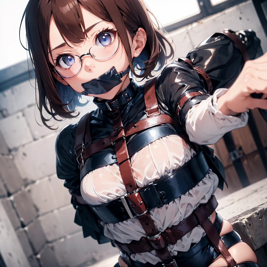 1girl, seductive eyes, blush, cute, blue eyes, brown hair, glasses, mouth gagged, straitjacket, gag, restrained, gagged, bound arms, bodysuit, bound legs, collar, arms behind back, bangs, belt, latex, bondage, bdsm, best quality, masterpiece, highres