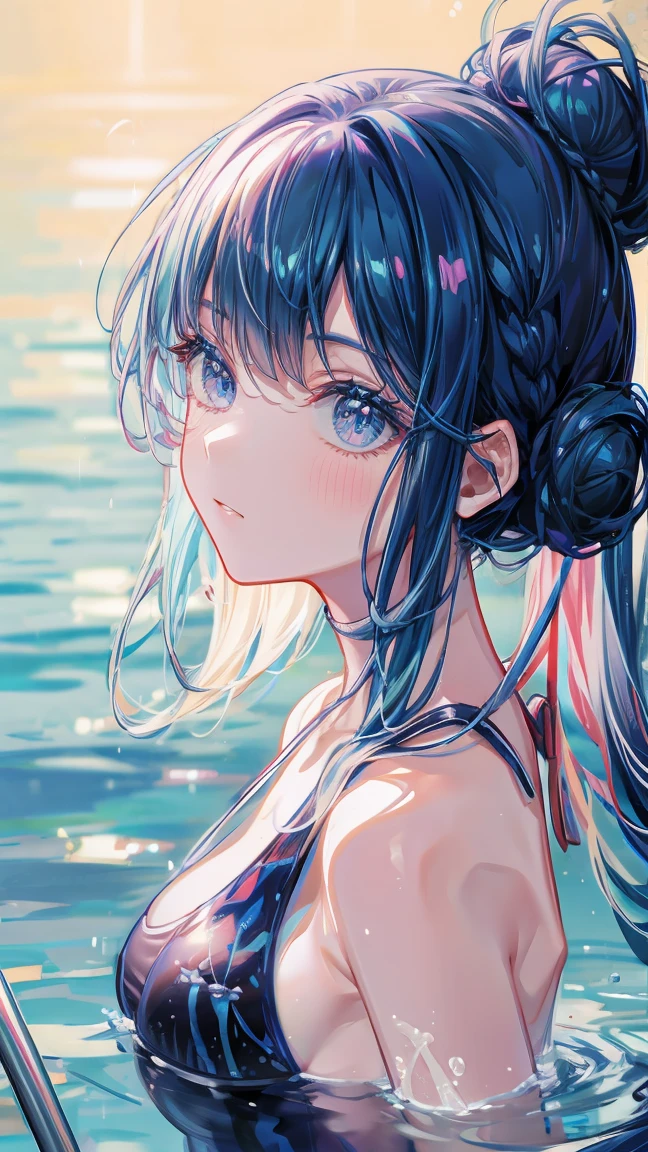 blue hair, hair bun, Impressionism, ray tracing, backlighting, masterpiece, accurate, textured skin, high details, high quality, highres, super detail, 1080P, detailed face, detailed eyes, Woman swimming in pool, one-piece swimsuit, Splashing water, outdoors, sunny midsummer