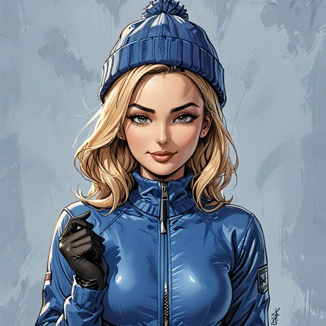 ((girl in blue zipped up down winter jacket and black turtleneck )) and (jeans) and blue gloves and (((blue winter hat)))) exten...