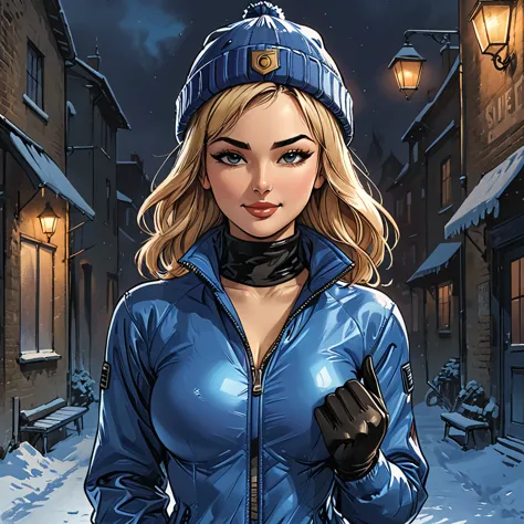 ((girl in blue zipped up down winter jacket and black turtleneck )) and (jeans) and blue gloves and (((blue winter hat)))) exten...