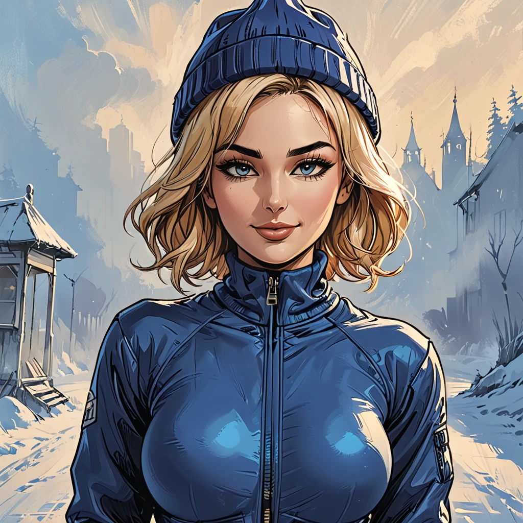 ((girl in Blue zipped up down winter jacket and black turtleneck )) and (jeans) and blue gloves and (((blue winter hat)))) extending her hand to the observer with a smile,adult, [Nordic], Hourglass elongated fitness body, perfect Olive skin, Oval Face, Long neck, Rounded shoulders, perfect hand, Attached Pointed ears, round forehead, (Short blonde Waves pixie hair), snub nose, Arched eyebrows, ((closed Eyes)), High Round Narrow cheekbones, Dimpled Cheeks, Rounded Chin, Rounded Jawline, Full nude Lips, (closed eyes), Nude Makeup Look, long eyelashes, third breast size, long slim fitness legs, graphic style of novel comics, perfect hands, 2d, 8k, hyperrealism, masterpiece, high resolution, best quality, ultra-detailed, super realistic, Hyperrealistic art, high-quality, ultra high res, highest detailed, lot of details, Extremely high-resolution details, incredibly lifelike, colourful, soft cinematic light, 