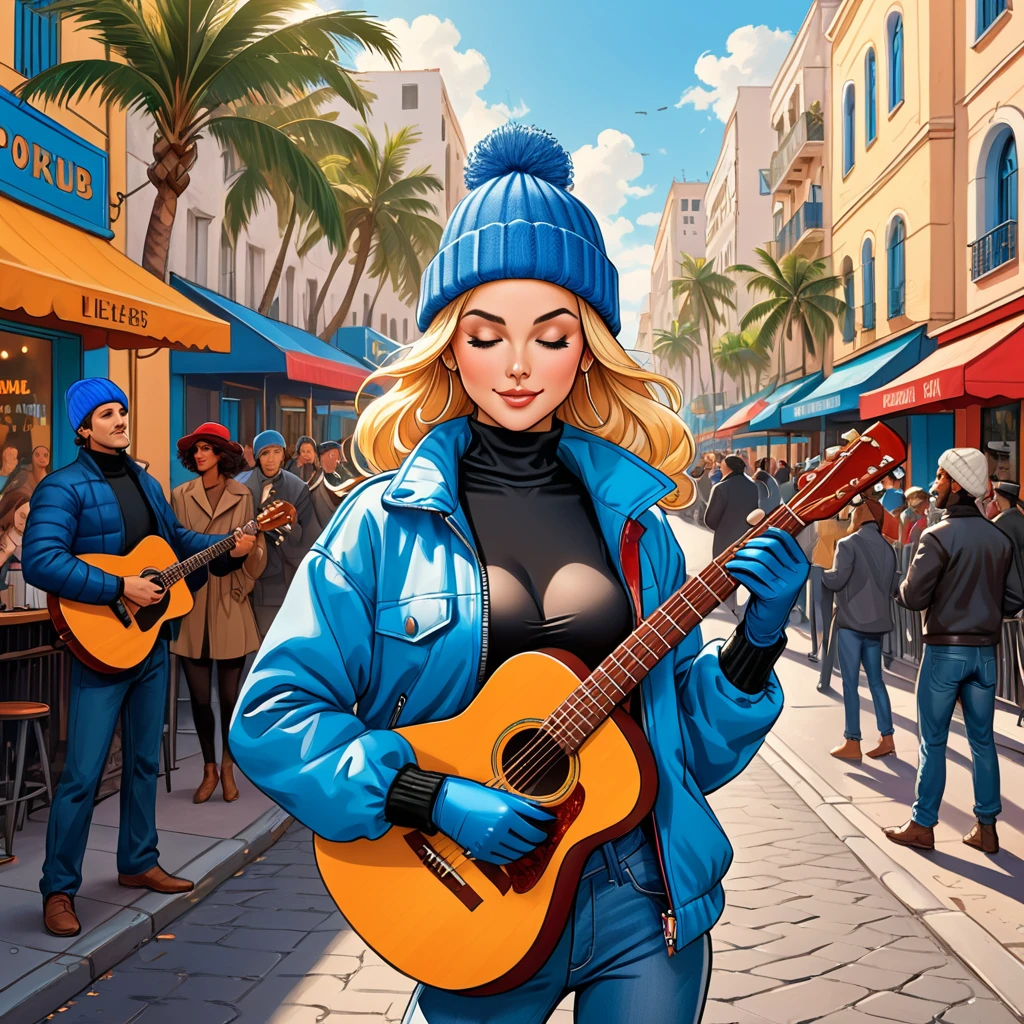 city square, on the street on which a gypsy dances and a music band plays, street, people looking at the stage, tropical street, palm trees, musician with a guitar, musician on drums, ((girl in Blue zipped up down winter jacket and black turtleneck )) and (jeans) and blue gloves and (((blue winter hat)))) extending her hand to the observer with a smile,adult, [Nordic], Hourglass elongated fitness body, perfect Olive skin, Oval Face, Long neck, Rounded shoulders, perfect hand, Attached Pointed ears, round forehead, (Short blonde Waves pixie hair), snub nose, Arched eyebrows, ((closed Eyes)), High Round Narrow cheekbones, Dimpled Cheeks, Rounded Chin, Rounded Jawline, Full nude Lips, (closed eyes), Nude Makeup Look, long eyelashes, third breast size, long slim fitness legs, graphic style of novel comics, perfect hands, 2d, 8k, hyperrealism, masterpiece, high resolution, best quality, ultra-detailed, super realistic, Hyperrealistic art, high-quality, ultra high res, highest detailed, lot of details, Extremely high-resolution details, incredibly lifelike, colourful, soft cinematic light,