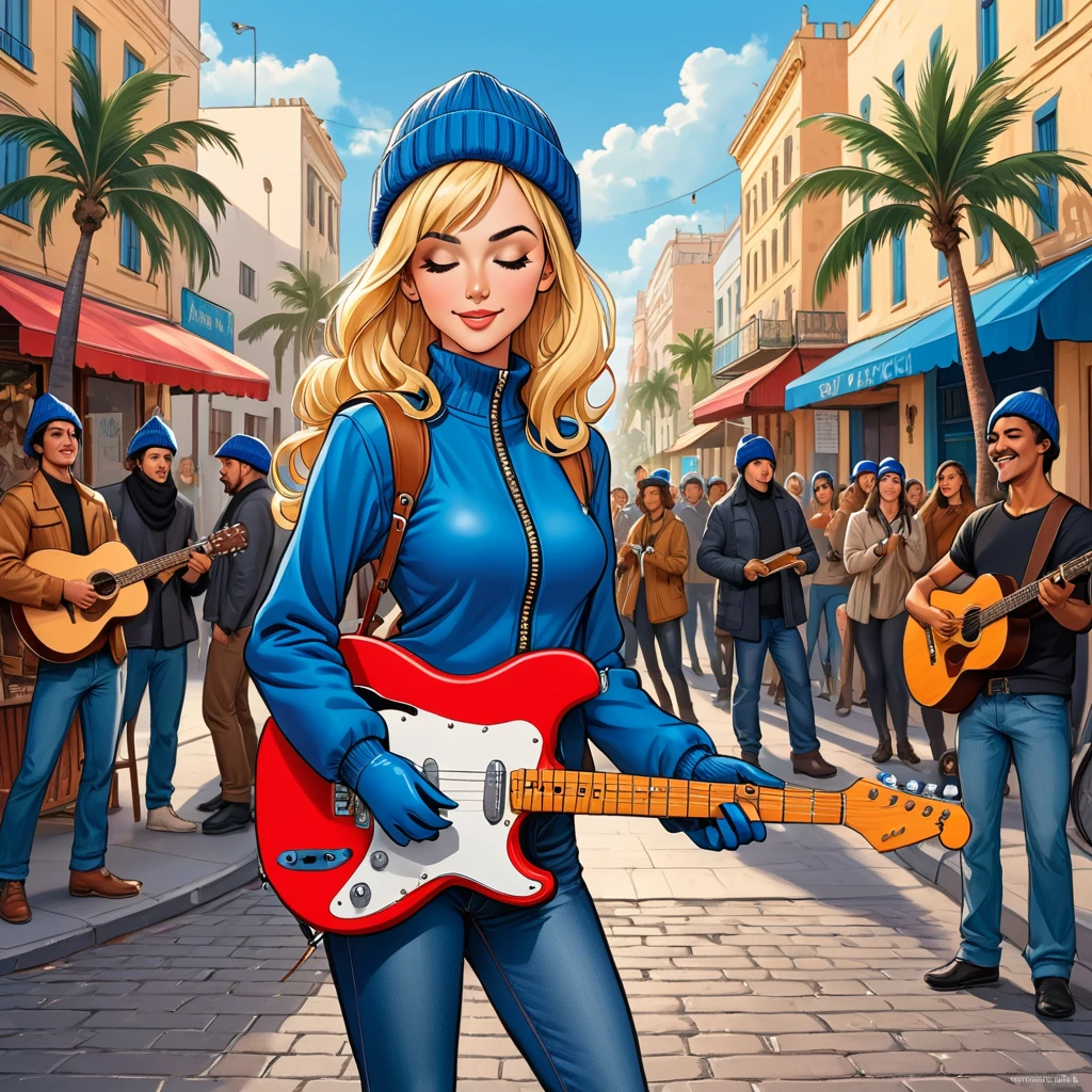 city square, on the street on which a gypsy dances and a music band plays, street, people looking at the stage, tropical street, palm trees, musician with a guitar, musician on drums, ((girl in Blue zipped up down winter jacket and black turtleneck )) and (jeans) and blue gloves and (((blue winter hat)))) extending her hand to the observer with a smile,adult, [Nordic], Hourglass elongated fitness body, perfect Olive skin, Oval Face, Long neck, Rounded shoulders, perfect hand, Attached Pointed ears, round forehead, (Short blonde Waves pixie hair), snub nose, Arched eyebrows, ((closed Eyes)), High Round Narrow cheekbones, Dimpled Cheeks, Rounded Chin, Rounded Jawline, Full nude Lips, (closed eyes), Nude Makeup Look, long eyelashes, third breast size, long slim fitness legs, graphic style of novel comics, perfect hands, 2d, 8k, hyperrealism, masterpiece, high resolution, best quality, ultra-detailed, super realistic, Hyperrealistic art, high-quality, ultra high res, highest detailed, lot of details, Extremely high-resolution details, incredibly lifelike, colourful, soft cinematic light,