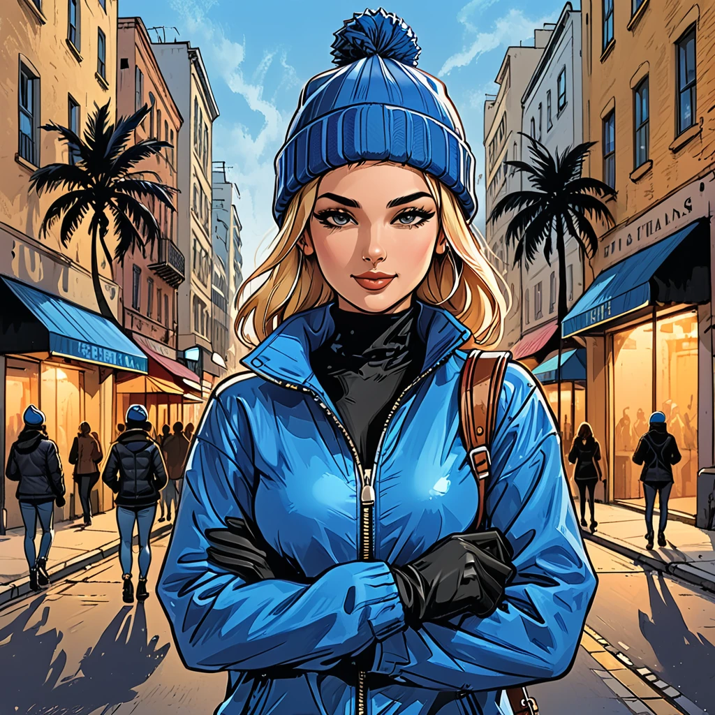 evening, city square, on the street on which a music band plays, street, tropical street, palm trees, people in tropical cloth on the street, ((girl in Blue zipped up down winter jacket and black turtleneck )) and (jeans) and blue gloves and (((blue winter hat)))) extending her hand to the observer with a smile,adult, [Nordic], Hourglass elongated fitness body, perfect Olive skin, Oval Face, Long neck, Rounded shoulders, perfect hand, Attached Pointed ears, round forehead, (Short blonde Waves pixie hair), snub nose, Arched eyebrows, ((closed Eyes)), High Round Narrow cheekbones, Dimpled Cheeks, Rounded Chin, Rounded Jawline, Full nude Lips, (closed eyes), Nude Makeup Look, long eyelashes, third breast size, long slim fitness legs, graphic style of novel comics, perfect hands, 2d, 8k, hyperrealism, masterpiece, high resolution, best quality, ultra-detailed, super realistic, Hyperrealistic art, high-quality, ultra high res, highest detailed, lot of details, Extremely high-resolution details, incredibly lifelike, colourful, soft cinematic light,