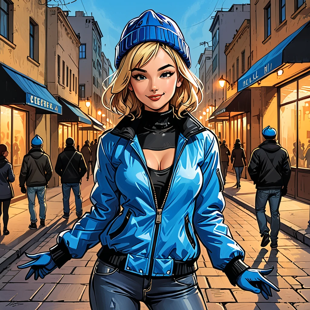 evening, city square, on the street on which a music band plays, street, tropical street, palm trees, people in tropical cloth on the street, ((girl in Blue zipped up down winter jacket and black turtleneck )) and (jeans) and blue gloves and (((blue winter hat)))) extending her hand to the observer with a smile,adult, [Nordic], Hourglass elongated fitness body, perfect Olive skin, Oval Face, Long neck, Rounded shoulders, perfect hand, Attached Pointed ears, round forehead, (Short blonde Waves pixie hair), snub nose, Arched eyebrows, ((closed Eyes)), High Round Narrow cheekbones, Dimpled Cheeks, Rounded Chin, Rounded Jawline, Full nude Lips, (closed eyes), Nude Makeup Look, long eyelashes, third breast size, long slim fitness legs, graphic style of novel comics, perfect hands, 2d, 8k, hyperrealism, masterpiece, high resolution, best quality, ultra-detailed, super realistic, Hyperrealistic art, high-quality, ultra high res, highest detailed, lot of details, Extremely high-resolution details, incredibly lifelike, colourful, soft cinematic light,