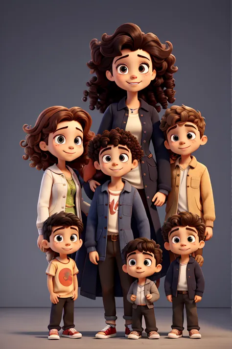 a young mother of 30 with curly hair and her three children, one over 16 years old, very handsome.,  one over 10 years old with ...