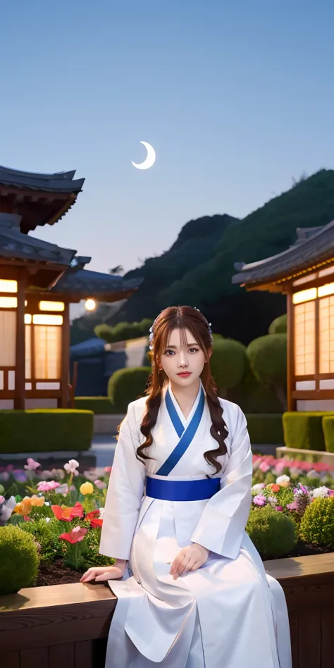 best quality, high_resolution, distinct_image, detailed background ,girl, hanbok,flower,garden,moon, night,