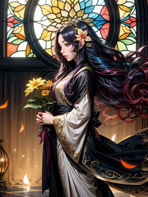 playing with the tides,luxray, split color hair, wind, 舞い散るflowerびら, stained glass ai, decorative, intricate details, dukhkova, ...