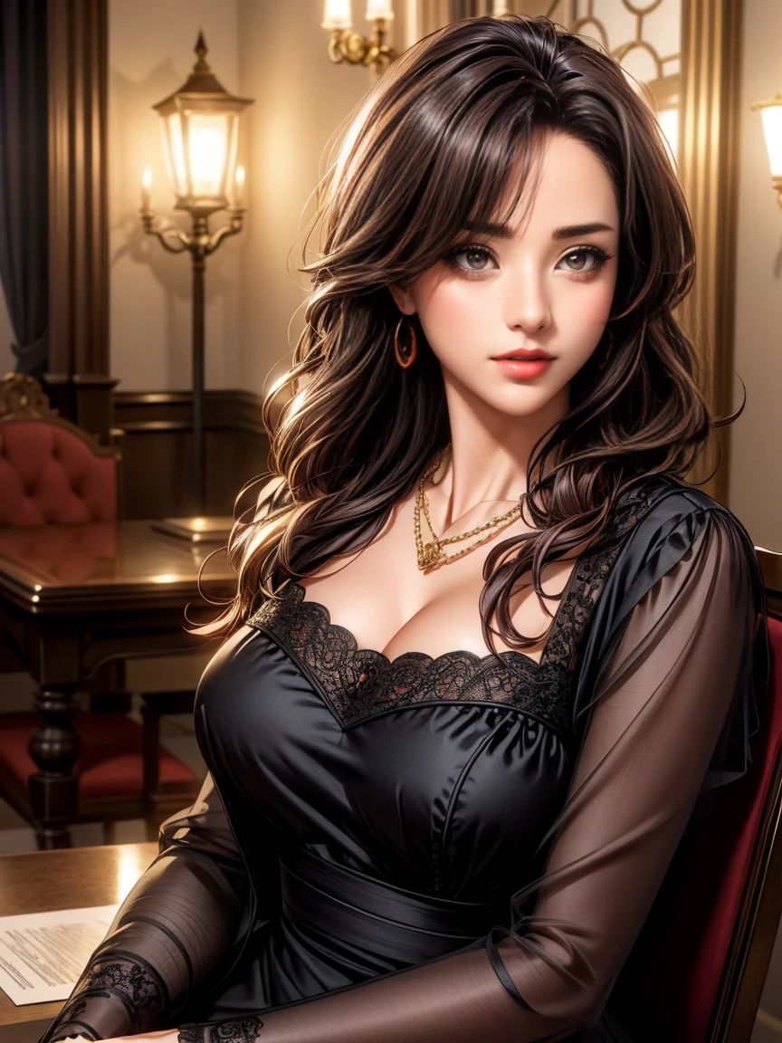 (Very detailed CG ユニット 8k 壁紙, masterpiece, Highest quality, Very detailed), (Best lighting, Best Shadow), 45 year old Spanish woman, mature, Square face, She is wearing a single red rose on her necklace, Wearing a black dress with red lace, Gold earrings, Maria Padilla-like traits, (Very detailed肌: 1.2), Light medium brown loose hair