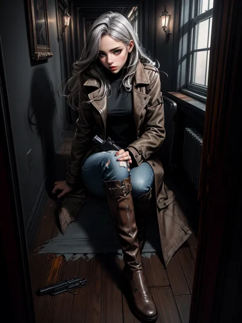 (suspense scene ((concept art)), highly detailed image of a girl in jeans and a brown coat and boots), (better lighting, better ...