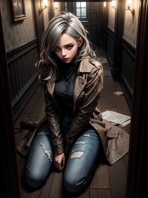 (suspense scene ((concept art)), highly detailed image of a girl in jeans and a brown coat and boots), (better lighting, better ...