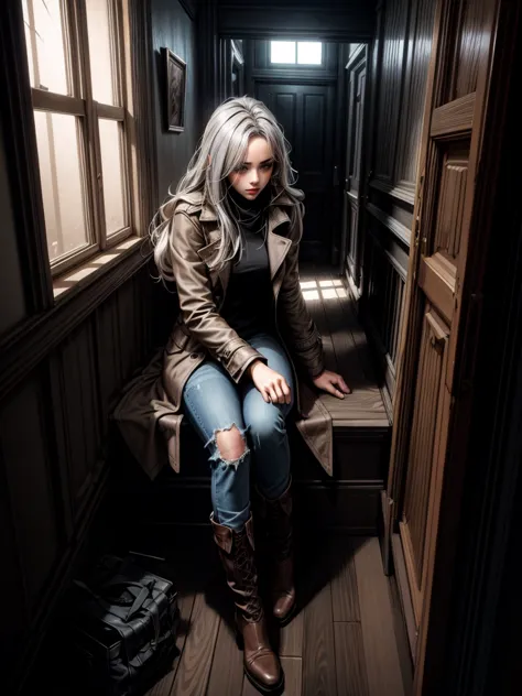 (suspense scene ((concept art)), highly detailed image of a girl in jeans and a brown coat and boots), (better lighting, better ...