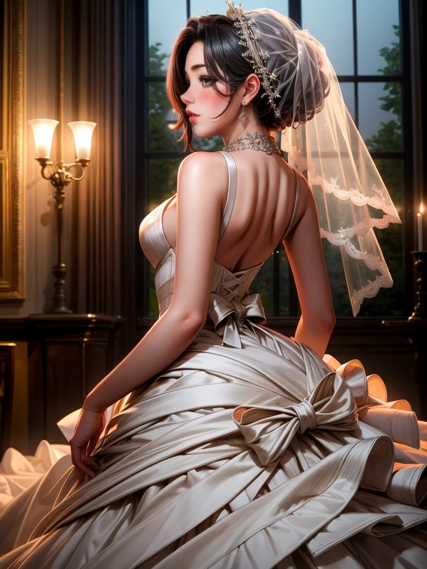 (Highest quality, High resolution, masterpiece:1.2,), figure, night, One girl, whole body, (Wedding dress), Put your arms behind your back, Wait for a kiss, View your viewers, Happy, blush,