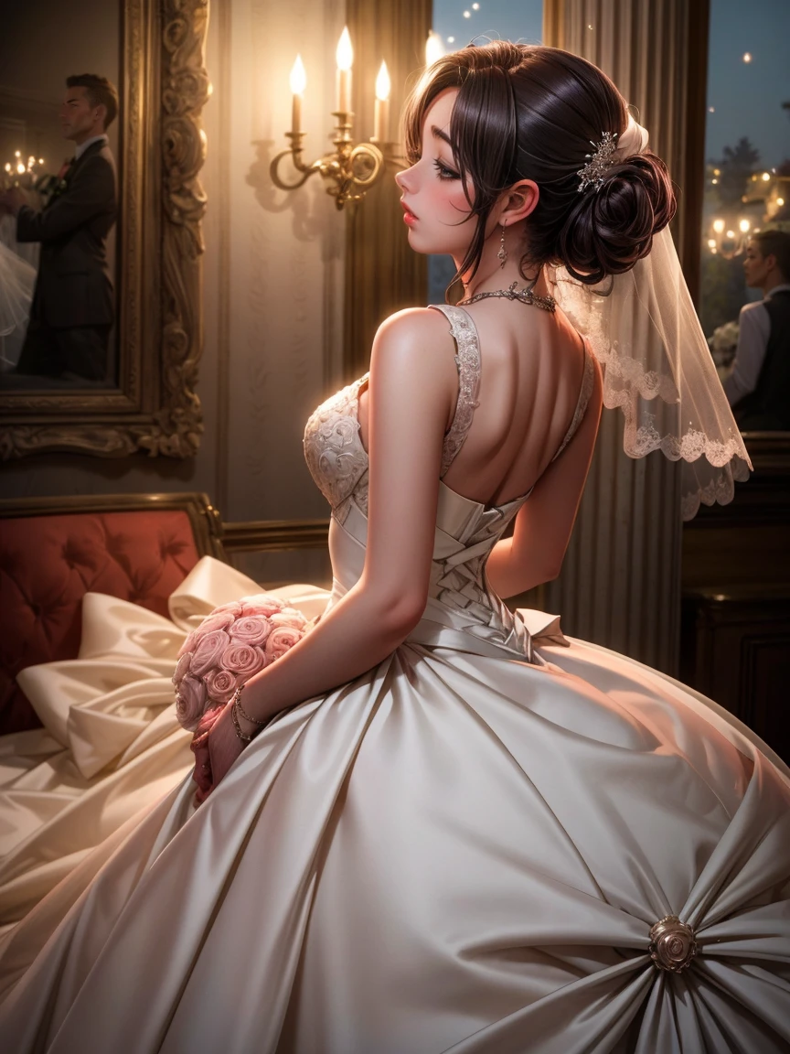 (Highest quality, High resolution, masterpiece:1.2,), figure, night, One girl, whole body, (Wedding dress), Put your arms behind your back, Wait for a kiss, View your viewers, Happy, blush,