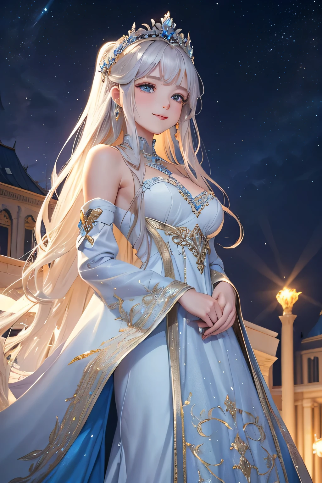 A beautiful white princess with long blonde hair, wearing a flowing blue gown with intricate silver embroidery, stands on a grand palace balcony under the starry night sky. She smiles warmly and waves to the cheering crowd below. The moonlight bathes her in a soft glow, illuminating her golden hair and the silver details of her gown. Behind her, the palace is softly lit, creating a magical ambiance,(((Upper body)))