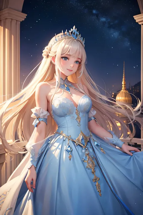 A beautiful white princess with long blonde hair, wearing a flowing blue gown with intricate silver embroidery, stands on a gran...