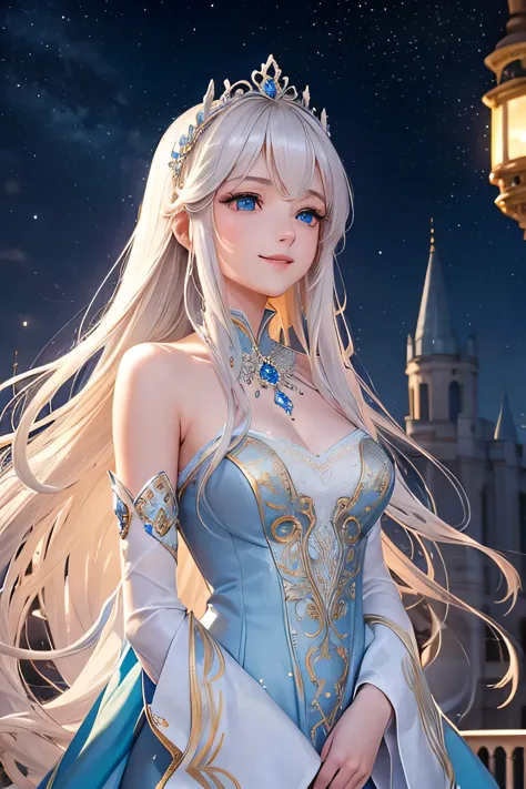 A beautiful white princess with long blonde hair, wearing a flowing blue gown with intricate silver embroidery, stands on a gran...