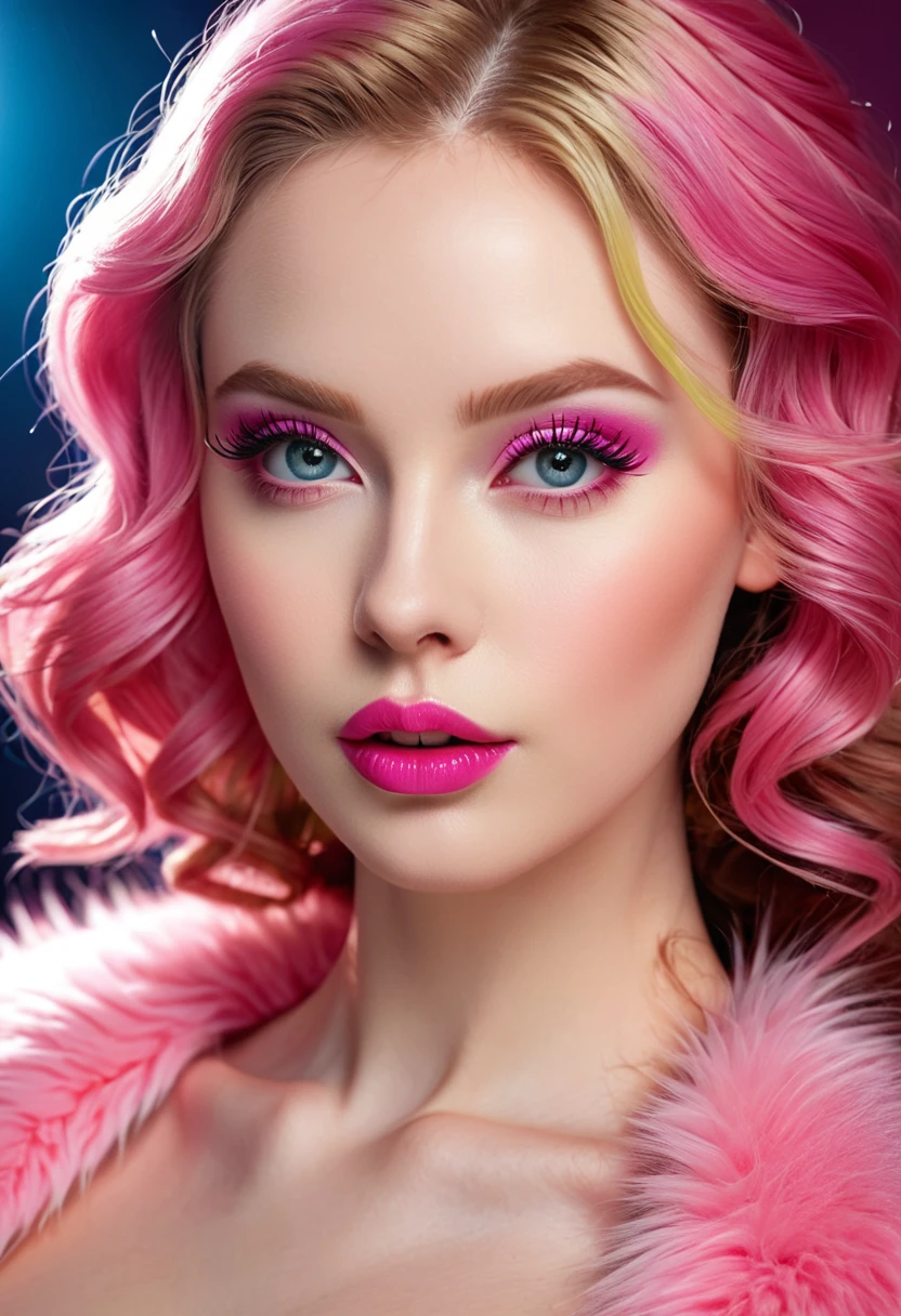 (((ultra realistic))) Photo, masterpiece, top quality, (Pale skin), (Ultra detailed face and eyes.:1.3), 1 girl, adult, En Lifchik, ((eye makeup, pink mascara)), ((big detailed lips)), ((pink wavy fur)), ((Chiolka)) , (natural breasts), Thin waist. ((Posing)), Photoshoot, studio (Contour lighting), (The game of lights and shadows), depth of field, bokeh, (Special attention to leather details.: 1.2), detailed leather texture, skin pores. (Bright atmosphere of the frame.. Color range: delicate, bright, yellow tones), DR, ((film grain)), ((good heavens)), (Glare), ((Photo from the back)) , ultra detialed, 