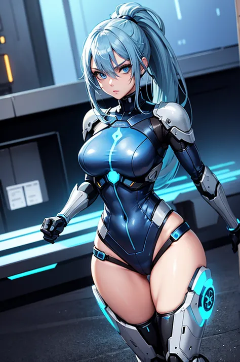 cyborg warrior girl flat horizon photo, girl android , she has long light blue hair, hair tied up in a ponytail, she has a mask ...