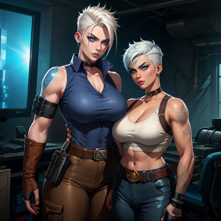 Tyreen, big fat body, white hair,blue eyes,two-tone hair,blue tattoo,scar on face,undercut,eyeshadow,eyebrow cut,makeup,upper body,standing,smug,
fingerless gloves,sleeveless,belt,spikes,boots,pants,collar,shirt,brown attire,
cyberpunk,tv show,
(insanely detailed, beautiful detailed face, masterpiece, best quality),