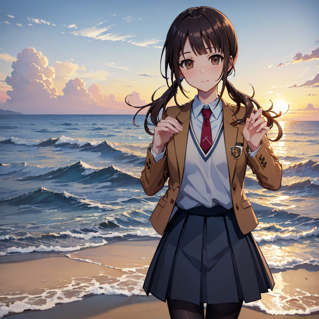 ((Highest quality,masterpiece))8k,Ultra-high resolution,Ultra-high resolution,Super detailed),Okitasawa holds hands with viewers on the beach at sunset, low twintails,brown jacket, red necktie, yellow sweater vest, blue skirt, pantyhose,Beautiful and perfect face, Perfect Eyes,Face shot