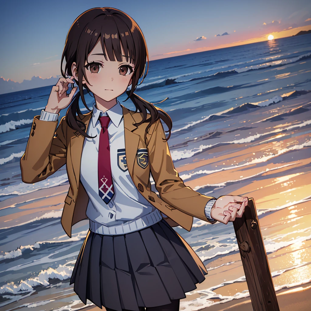 ((Highest quality,masterpiece))8k,Ultra-high resolution,Ultra-high resolution,Super detailed),Okitasawa holds hands with viewers on the beach at sunset, low twintails,brown jacket, red necktie, yellow sweater vest, blue skirt, pantyhose,Beautiful and perfect face, Perfect Eyes,Face shot