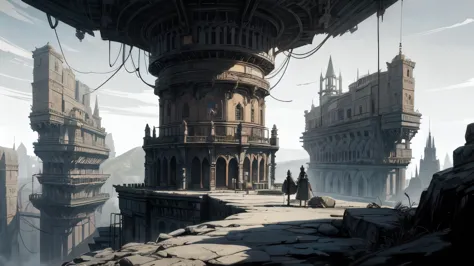 (((steam punk))), (((monochrome))), (((simple))), a drawing of a exotic rotten ruins future building like asteampunk on a wilder...