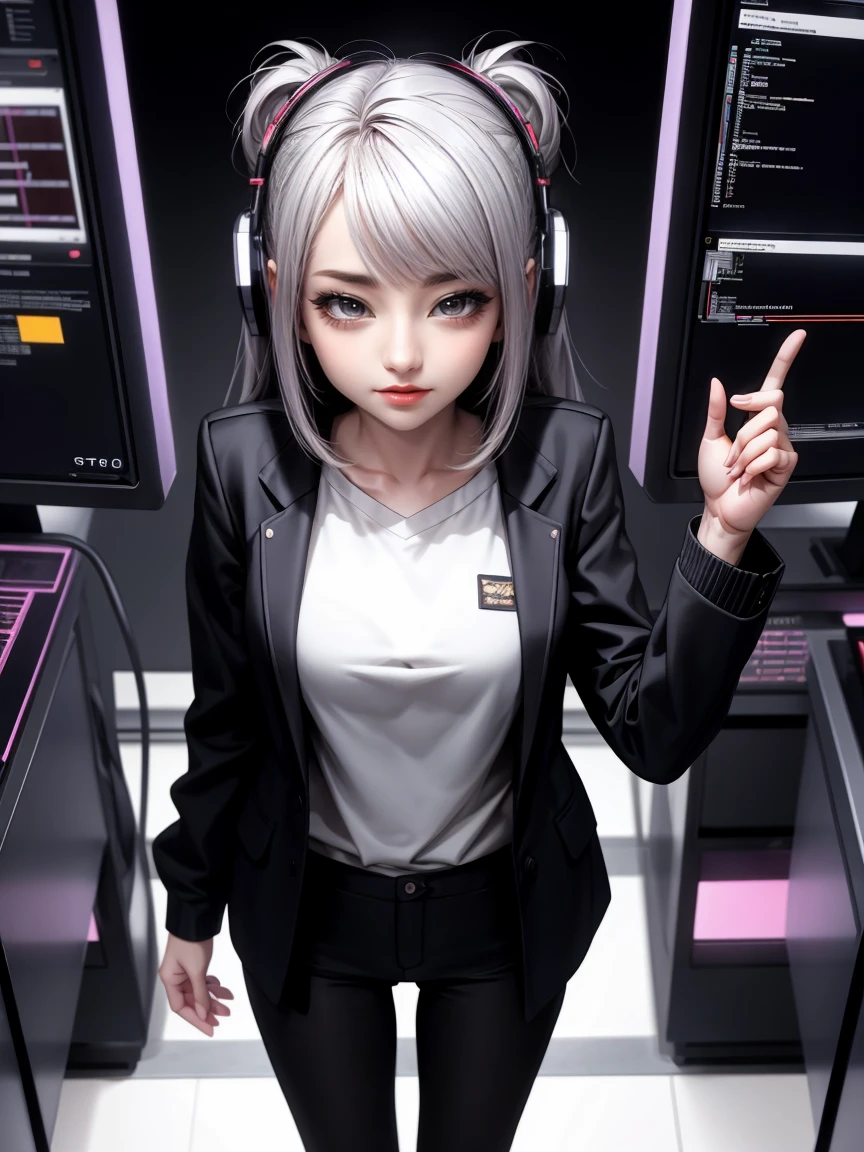 (whole body:1) Young girl, Smart Casual, Hacker&#39;s Server Room, Detailed face, ((Cool look)), (Short, straight, thin bangs:1.2), Super detailed photos, (Realistic), (Intricate details:1),(masterpiece :1), (Highest quality:1), 超High resolution, (Detailed eyes), (Detailed faceの特徴), High resolution, 8k resolution, (Lens flare:0.5), Light from afar, (smile, joy) 