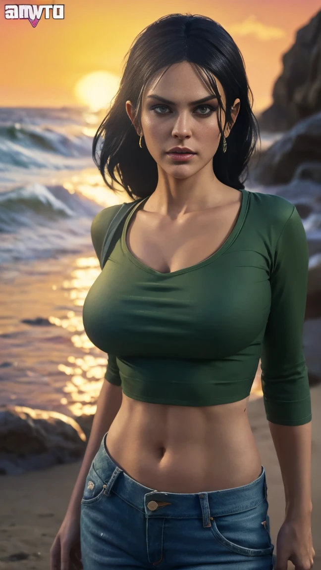 a woman in a green top and jeans standing in front of a sunset, style of gta v artworks, gta art style, gta art, art gta 5 comics, gta character, as the protagonist of gta 5, gta artstyle, gta v art, art gta 5 cover, 2d game art gta5 cover, gta loading screen art, gta v character