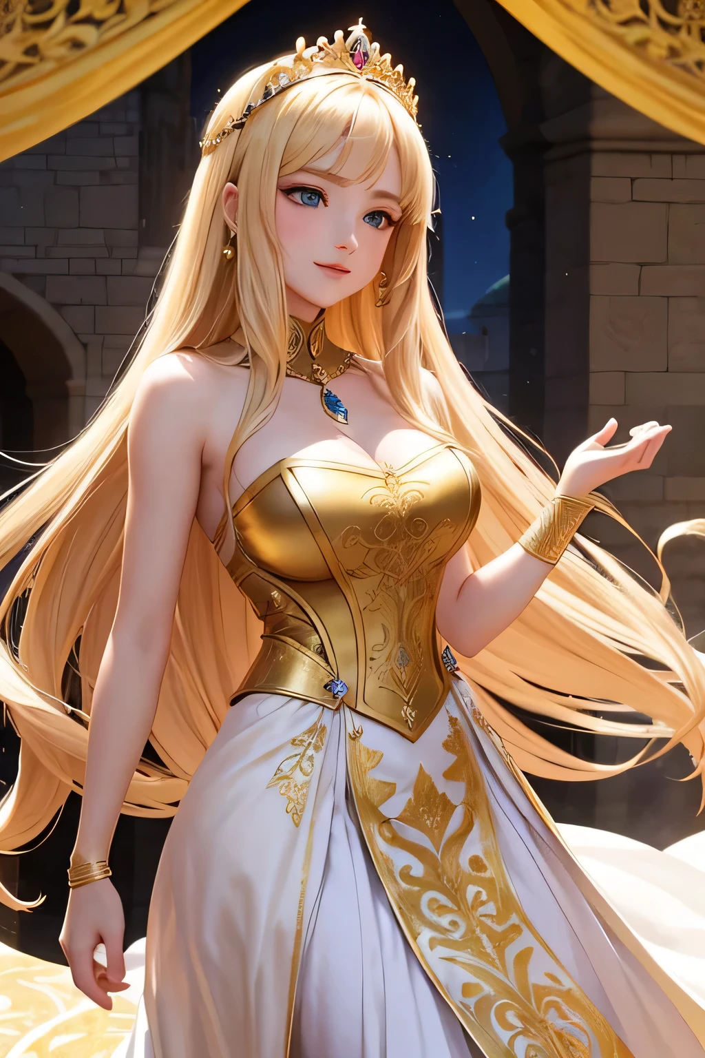 "A beautiful blonde princess with long hair stands gracefully in the grand courtyard of Camelot, the capital of Albion Kingdom. She is adorned in a stunning medieval-style gown made of luxurious velvet and adorned with intricate gold embroidery. The courtyard is bustling with people, surrounded by grand stone buildings and lush gardens. The princess performs a traditional dance, her movements elegant and refined. Banners with the kingdom's emblem flutter in the breeze, and the crowd watches in awe, clapping and cheering. The scene is illuminated by the bright afternoon sun, highlighting the princess's radiant smile and the vibrant colors of her attire.",(((Upper body)))