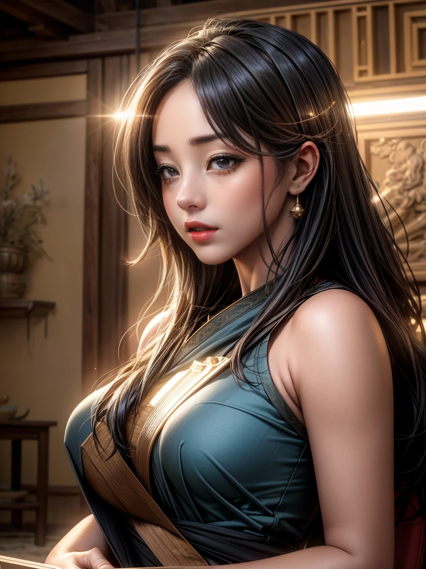 Browsing Caution,(RAW Photos, Highest quality),(Realistic, photo-Realistic:1.3),Highest quality,Very detailed,masterpiece,Very detailed,figure,One girl,upper_body,Dynamic Angle,world masterpiece theater,Messy_length_hair,Highest quality,Very detailed CG ユニティ 8k 壁紙,ink,wonderful,Cinema Lighting,lens_Flare,Dunhuang_style,