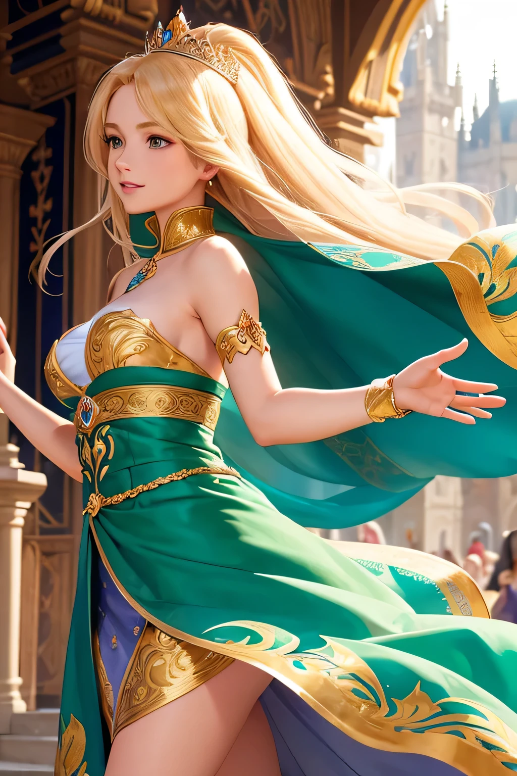 "A beautiful blonde princess with long hair stands gracefully in the grand courtyard of Camelot, the capital of Albion Kingdom. She is adorned in a stunning medieval-style gown made of luxurious velvet and adorned with intricate gold embroidery. The courtyard is bustling with people, surrounded by grand stone buildings and lush gardens. The princess performs a traditional dance, her movements elegant and refined. Banners with the kingdom's emblem flutter in the breeze, and the crowd watches in awe, clapping and cheering. The scene is illuminated by the bright afternoon sun, highlighting the princess's radiant smile and the vibrant colors of her attire.",(((Upper body)))