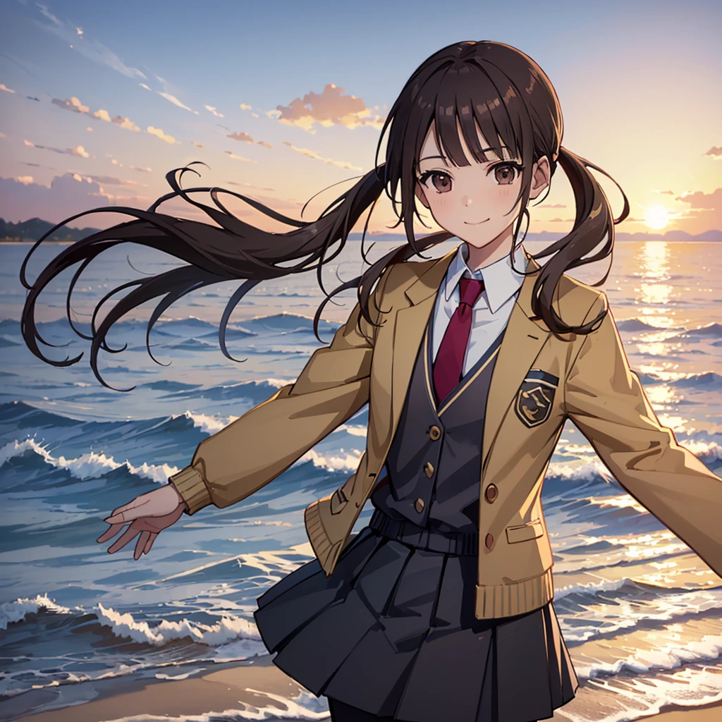 ((Highest quality,masterpiece))8k,Ultra-high resolution,Ultra-high resolution,Super detailed),Okitasawa with his hands behind his back on the beach at sunset, low twintails,brown jacket, red necktie, yellow sweater vest, blue skirt, pantyhose,Beautiful and perfect face, Perfect Eyes,Face shot,Smiling at the audience,Standing posture