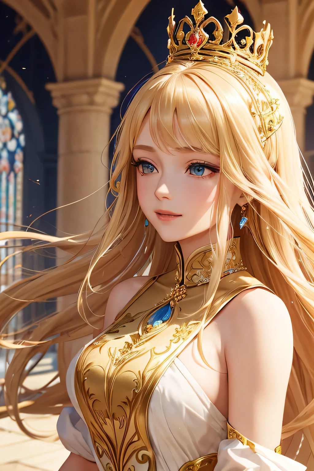 "A beautiful blonde princess with long hair stands gracefully in the grand courtyard of Camelot, the capital of Albion Kingdom. She is adorned in a stunning medieval-style gown made of luxurious velvet and adorned with intricate gold embroidery. The courtyard is bustling with people, surrounded by grand stone buildings and lush gardens. The princess performs a traditional dance, her movements elegant and refined. Banners with the kingdom's emblem flutter in the breeze, and the crowd watches in awe, clapping and cheering. The scene is illuminated by the bright afternoon sun, highlighting the princess's radiant smile and the vibrant colors of her attire.",(((Upper body)))