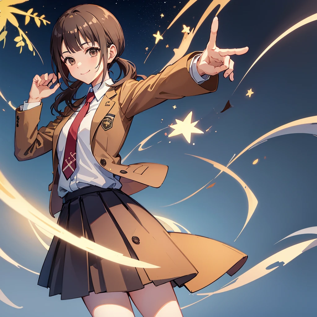 ((Highest quality,masterpiece))8k,Ultra-high resolution,Ultra-high resolution,Super detailed),okitasawa with hands behind his back, low twintails,brown jacket, red necktie, yellow sweater vest, blue skirt, pantyhose,Beautiful and perfect face, Perfect Eyes,Face shot,Smiling at the audience,Standing posture,A beach with a beautiful starry sky