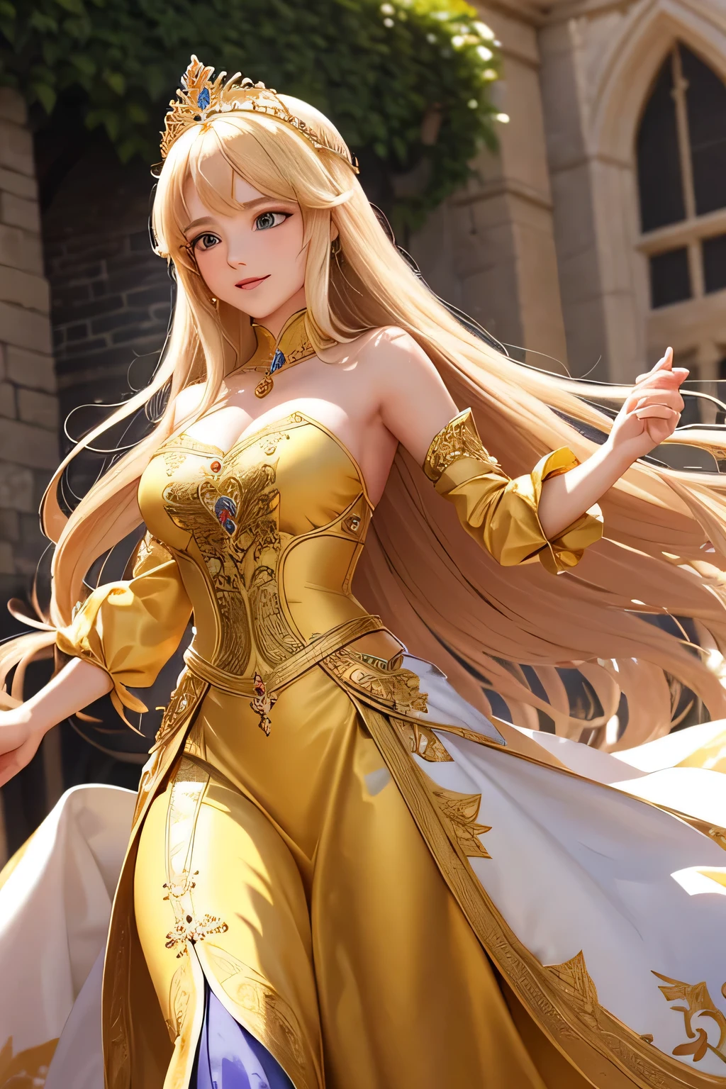 "A beautiful blonde princess with long hair stands gracefully in the grand courtyard of Camelot, the capital of Albion Kingdom. She is adorned in a stunning medieval-style gown made of luxurious velvet and adorned with intricate gold embroidery. The courtyard is bustling with people, surrounded by grand stone buildings and lush gardens. The princess performs a traditional dance, her movements elegant and refined. Banners with the kingdom's emblem flutter in the breeze, and the crowd watches in awe, clapping and cheering. The scene is illuminated by the bright afternoon sun, highlighting the princess's radiant smile and the vibrant colors of her attire.",(((Upper body)))