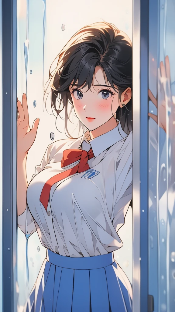 Behind the frosted glass, masterpiece, best quality, breasts_on_glass,1girl, fit body, sweat, breasts on windows, drop of water, breasts squeezed by glass, school uniform