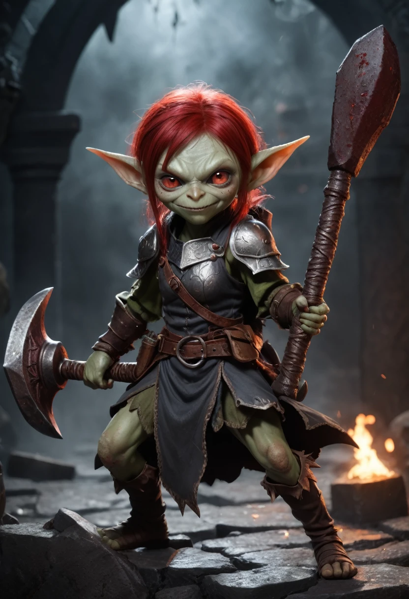 Realistic anime character, cute goblin femail, redhead, red eyes, full body portrait, holding a big hammer, little smile, in battle, dynamic composition, intricate gloomy background, dark fantasy style, dark arts, depth of field, blood of the enemies 