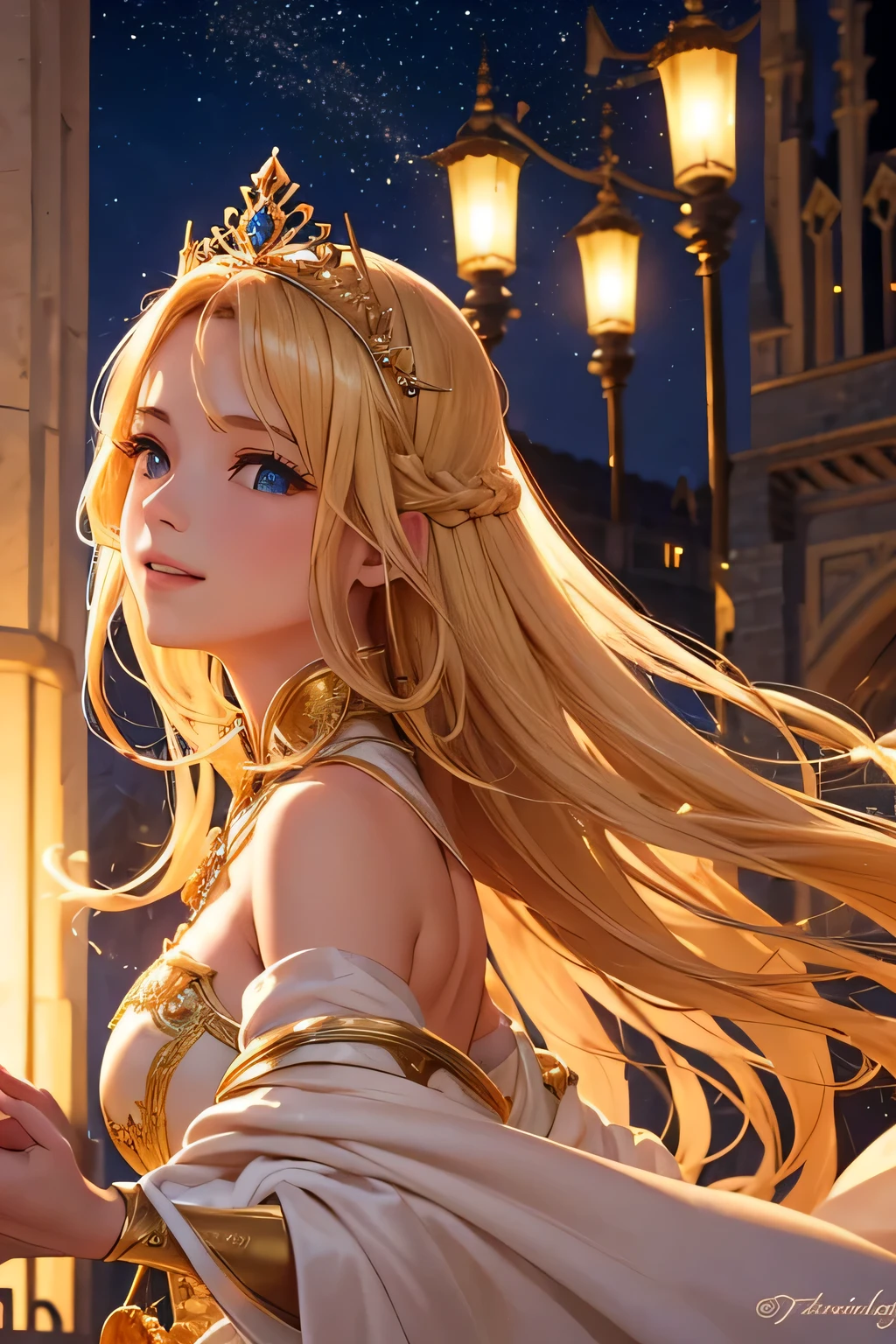 "A beautiful blonde princess with long hair performs a traditional dance under the moonlight in the grand courtyard of Camelot, the capital of Albion Kingdom. She wears a stunning medieval-style gown made of luxurious velvet, adorned with intricate gold embroidery. The courtyard is illuminated by torches and the soft glow of lanterns, casting a warm, magical light on the scene. The grand stone buildings and lush gardens create a majestic backdrop. The princess's graceful movements and radiant smile captivate the crowd, who watch in awe, clapping and cheering under the starry night sky.",(((Upper body)))