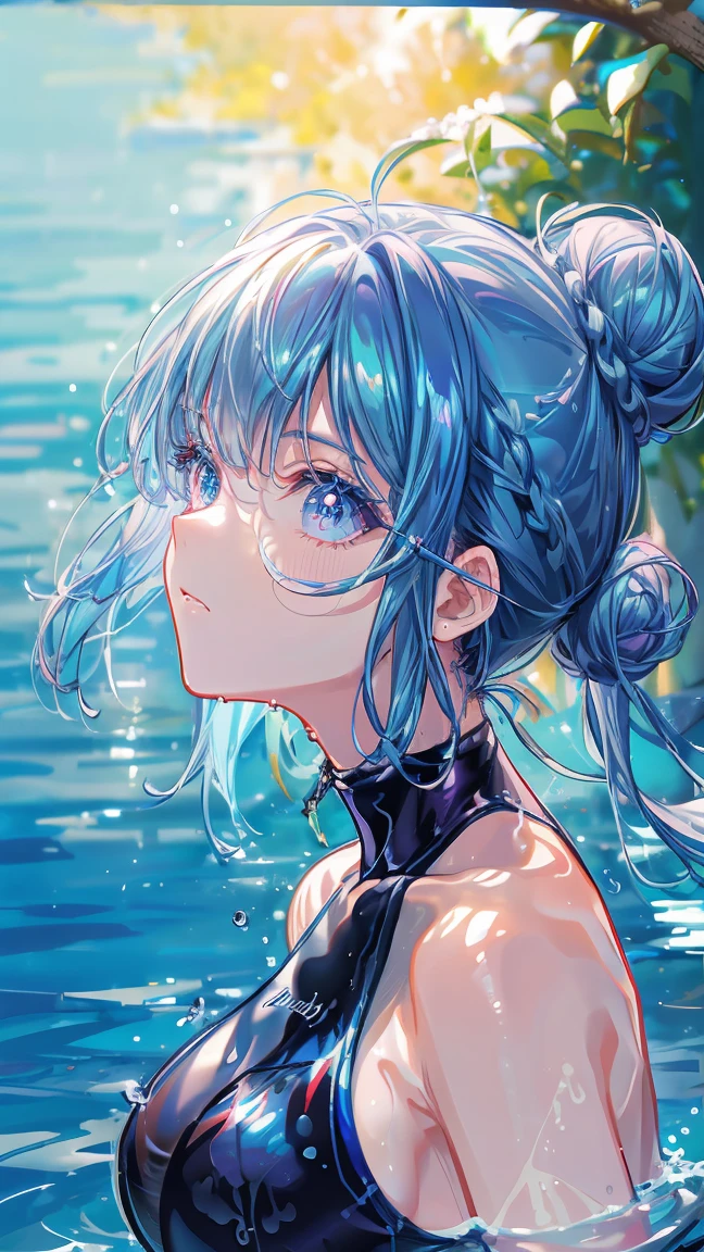 blue hair, hair bun, Impressionism, ray tracing, backlighting, masterpiece, accurate, textured skin, high details, high quality, highres, super detail, 1080P, detailed face, detailed eyes, detailed 5 fingers, Woman swimming in pool, one-piece swimsuit, Splashing water, outdoors, sunny midsummer