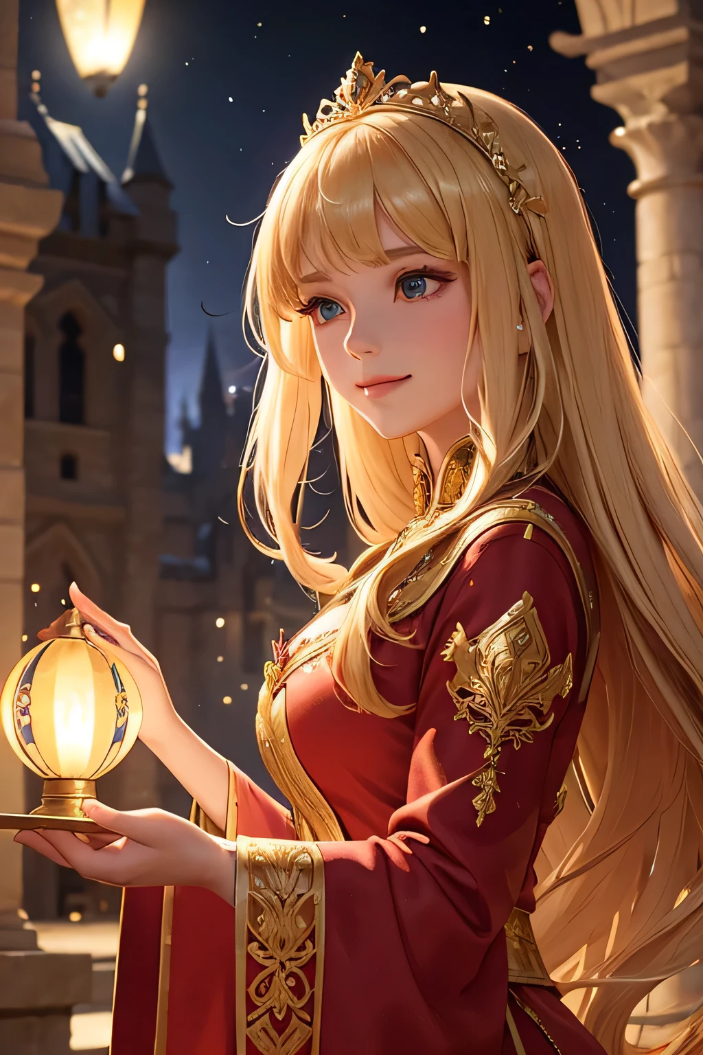 "A beautiful blonde princess with long hair performs a traditional dance under the moonlight in the grand courtyard of Camelot, the capital of Albion Kingdom. She wears a stunning medieval-style gown made of luxurious velvet, adorned with intricate gold embroidery. The courtyard is illuminated by torches and the soft glow of lanterns, casting a warm, magical light on the scene. The grand stone buildings and lush gardens create a majestic backdrop. The princess's graceful movements and radiant smile captivate the crowd, who watch in awe, clapping and cheering under the starry night sky.",(((Upper body)))